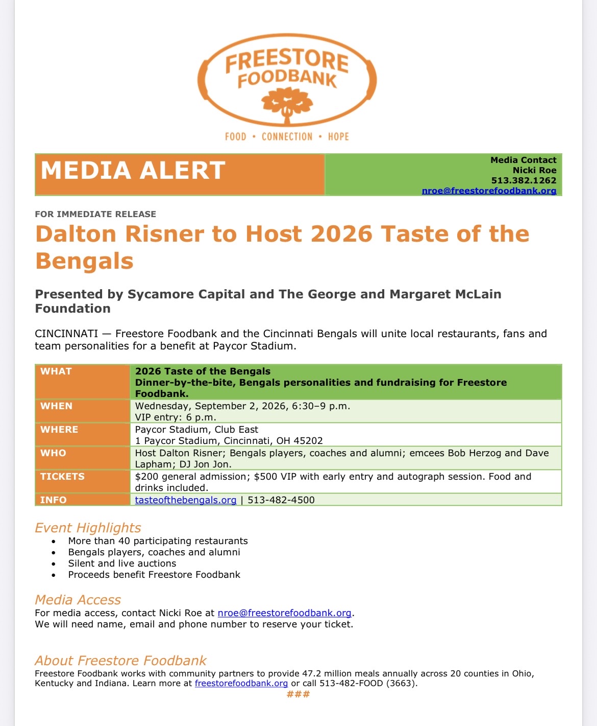 Press release: 2026 Taste of the Bengals